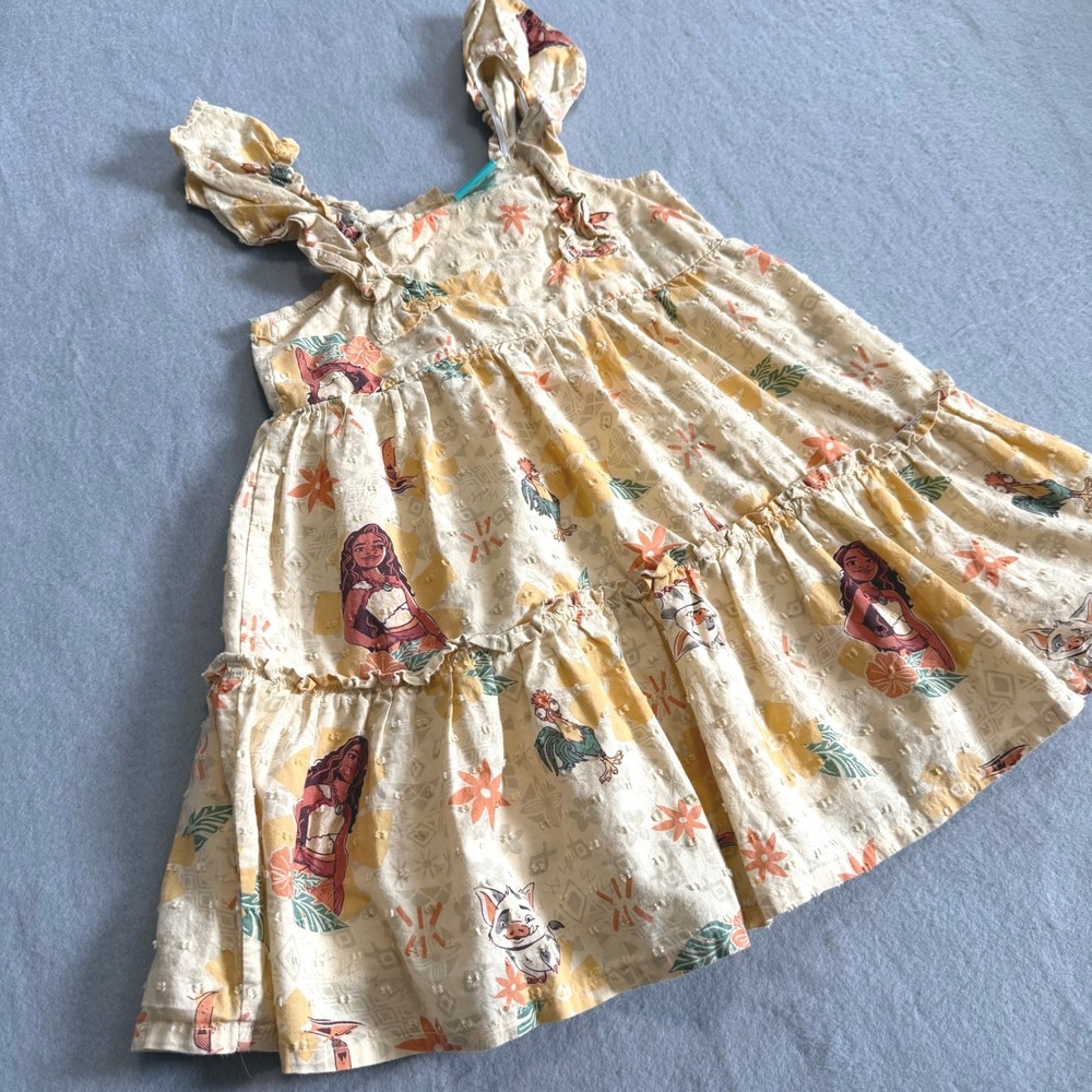 Disney Moana 2 Dress Girls 3T Yellow Tiered Ruffle Cotton Sundress Vacation